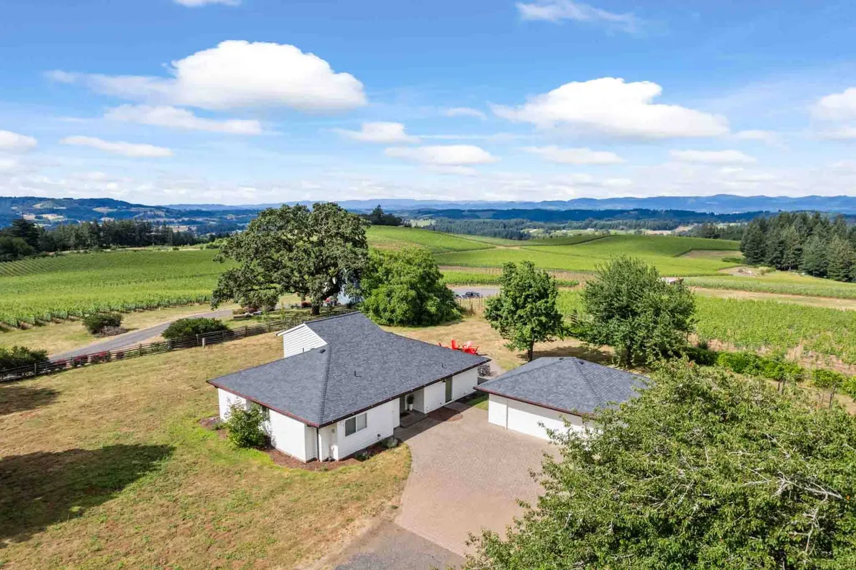 A sweeping exterior view showcases the main house nestled amidst expansive vineyards, with distant mountains providing a picturesque backdrop. The surroundings suggest tranquility and direct access to vineyard experiences.
